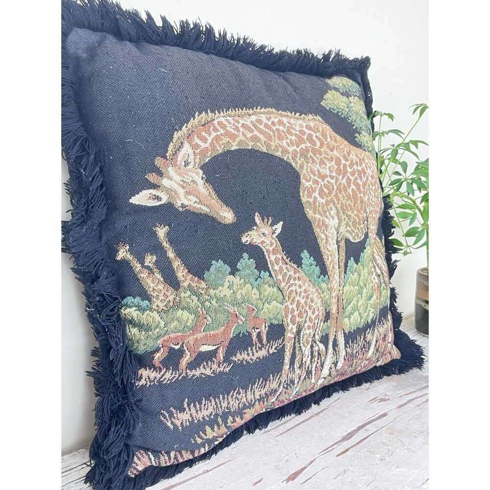Vintage Tapestry Safari Giraffes Jungle 2 Sided Fringe Plush Throw Pillow 18”